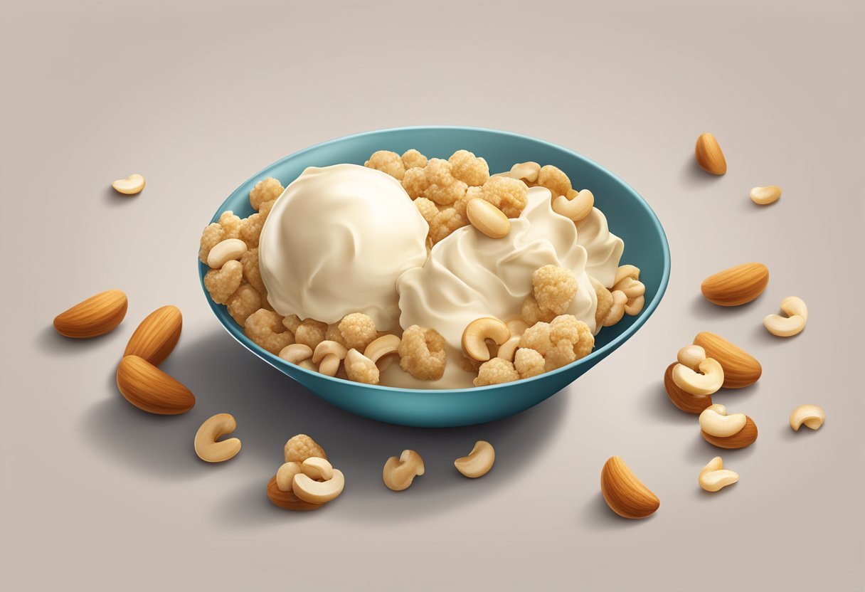 A scoop of cajá ice cream topped with crunchy cashew nuts