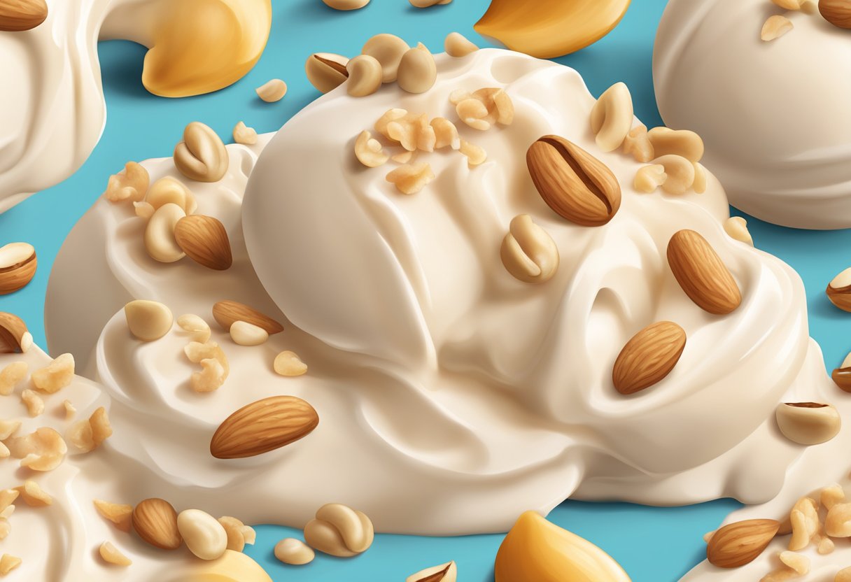 A scoop of cashew fruit ice cream topped with crunchy cashew nut pieces