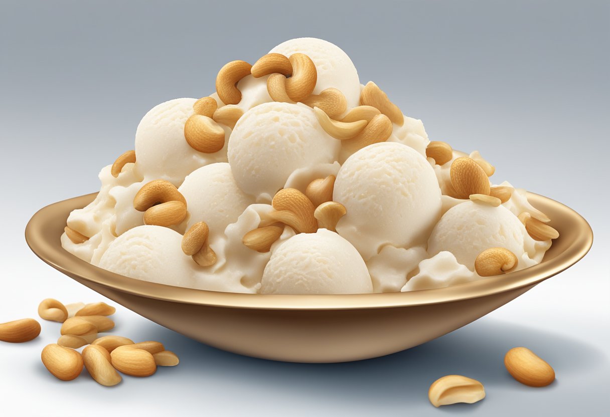 A scoop of caja ice cream topped with crunchy cashew nuts