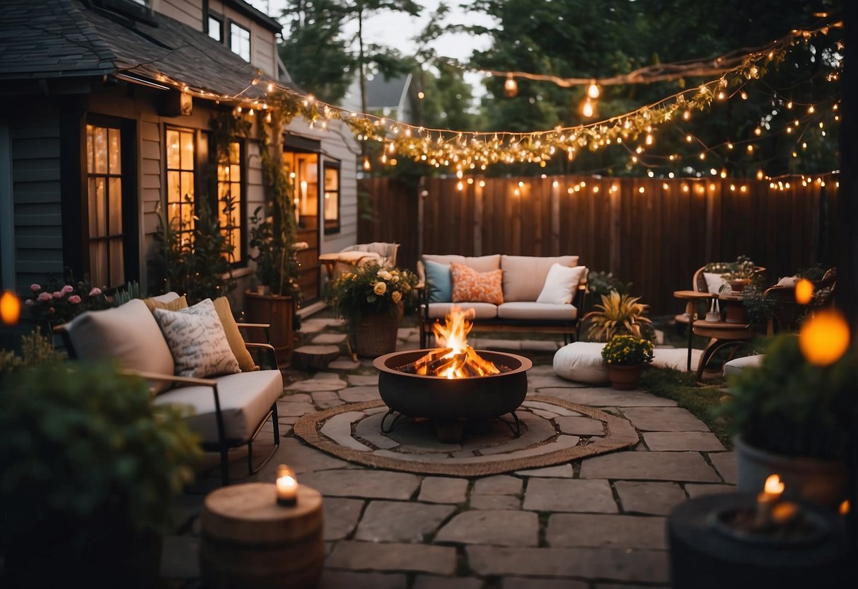 A cozy tiny home community space with vibrant gardens, a communal fire pit, and inviting seating areas under twinkling string lights