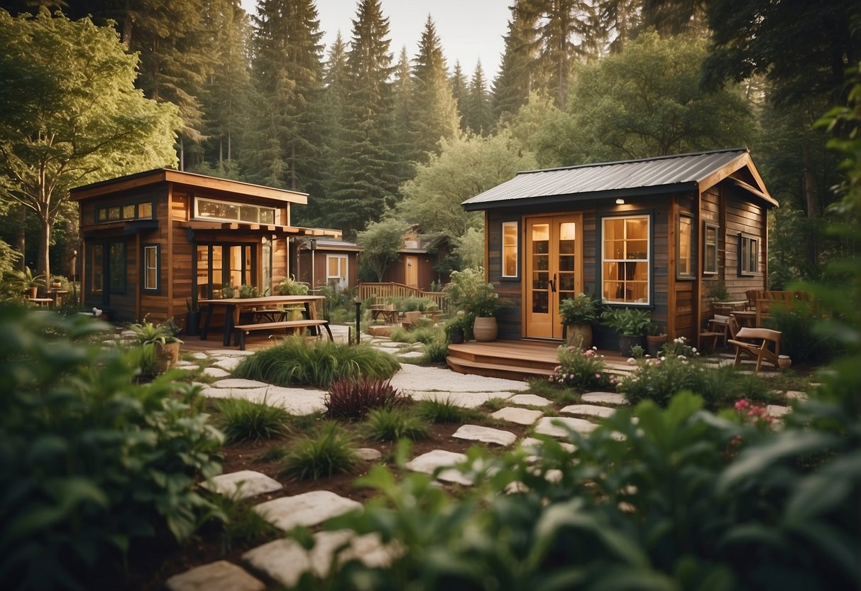 A cozy tiny home community nestled among lush greenery, with communal spaces for gathering and relaxation, featuring sustainable and functional design elements