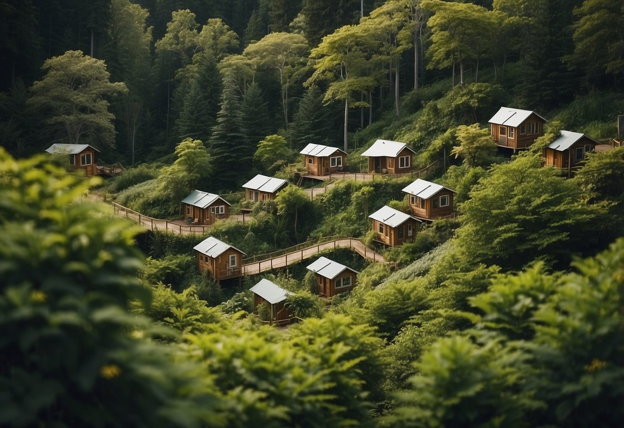 A lush green forest backdrop with a cluster of tiny homes nestled among the trees, connected by winding pathways and communal spaces blending seamlessly with the natural environment