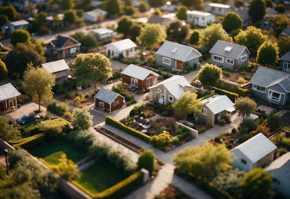 Aerial view of a thriving tiny home community with communal gardens, gathering spaces, and sustainable design features