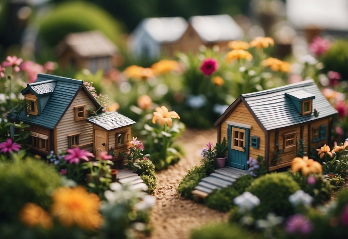 A bustling community space with cozy tiny homes, surrounded by lush greenery and vibrant flowers. Visitors gather around to ask questions and seek inspiration for their own tiny home designs