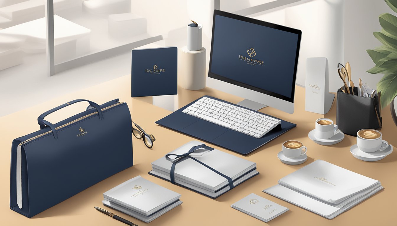 A stack of elegant corporate gifts arranged on a sleek desk, with the InkandPaperie.com logo prominently displayed. Sophisticated stationary and luxurious leather goods catch the eye