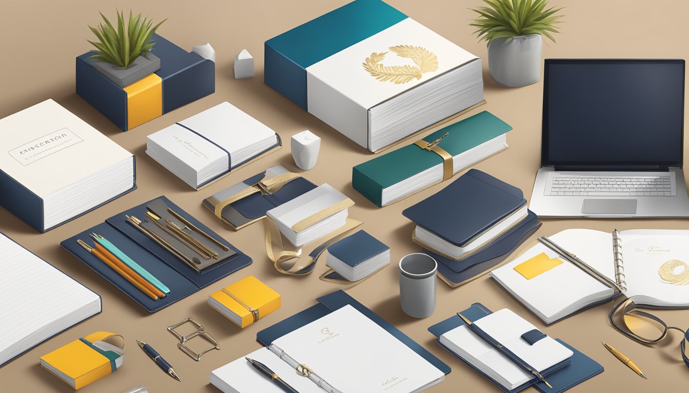 A table adorned with a variety of elegant corporate gifts, including custom stationery sets, leather-bound journals, and sleek metal pens