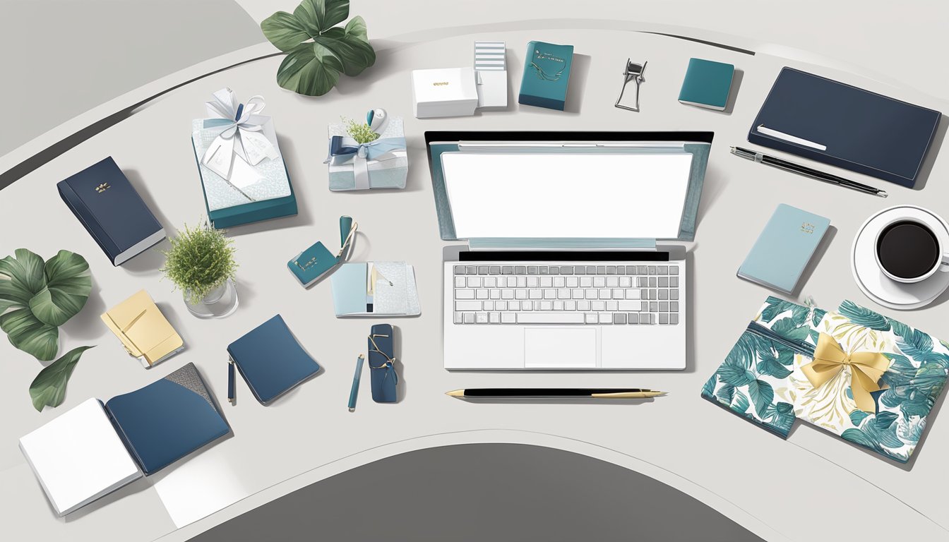 A sleek and modern office desk adorned with a set of high-quality corporate gifts from InkandPaperie.com. The gifts are expertly crafted and exude a sense of luxury and professionalism