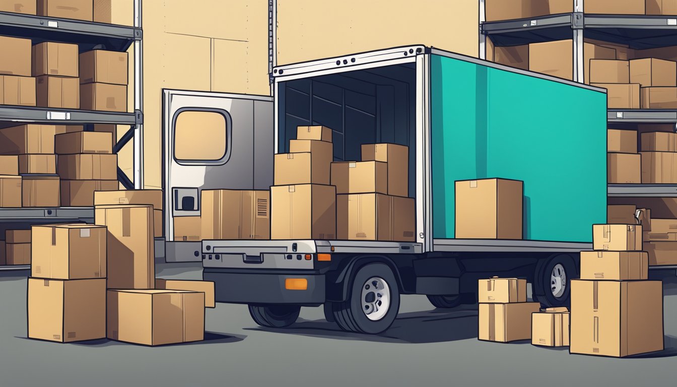 A package labeled "InkandPaperie.com Corporate Gifts" is being loaded onto a delivery truck, surrounded by shipping boxes and a busy warehouse