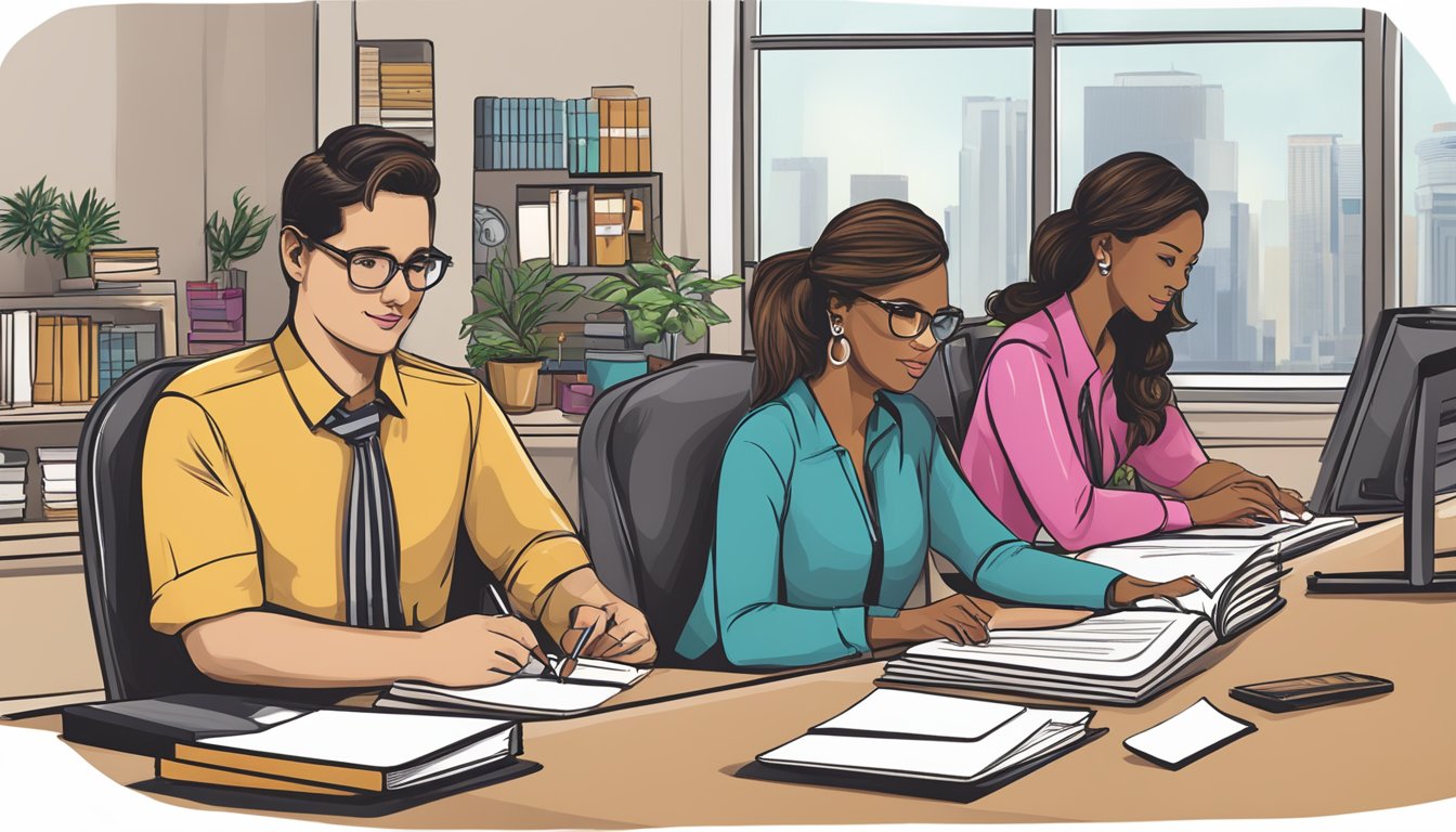 A diverse group of corporate gifts, including custom branded notebooks, pens, and desk accessories, are being reviewed by a customer service representative for InkandPaperie.com