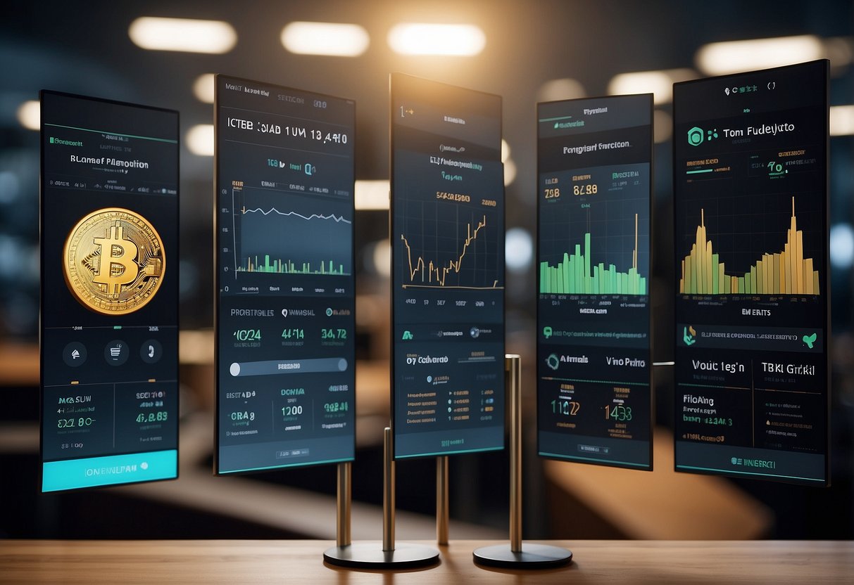 The scene depicts TON coin presale milestones on a digital blockchain foundation, with various stages of progress and growth illustrated through charts, graphs, and data visualizations