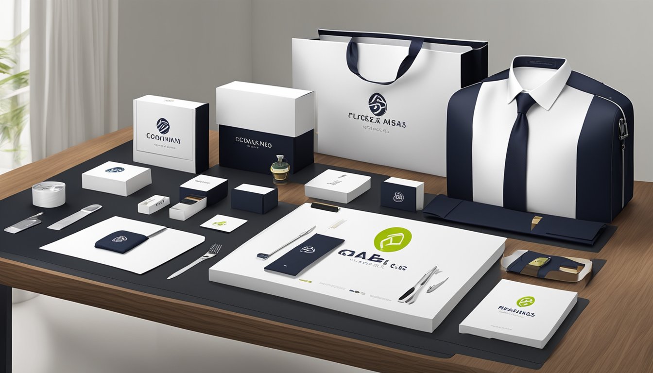 A table with various corporate gifts displayed, including branded merchandise and luxury items. A professional setting with logoed products and elegant packaging