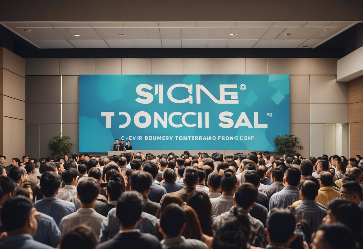 The scene depicts a crowded room with a large banner announcing the Token Sale for Toncoin. People are eagerly gathered around, discussing the details and excitement of the upcoming event