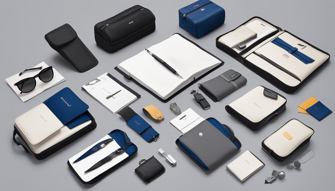 A sleek corporate gift display featuring branded merchandise from TRAVELITE HOLDINGS Ltd, including travel accessories and luxury items