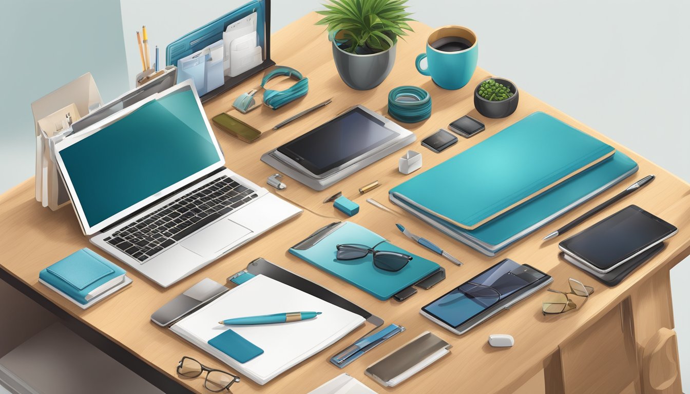 A table adorned with a variety of corporate gifts, including branded travel accessories, elegant stationery, and high-quality tech gadgets