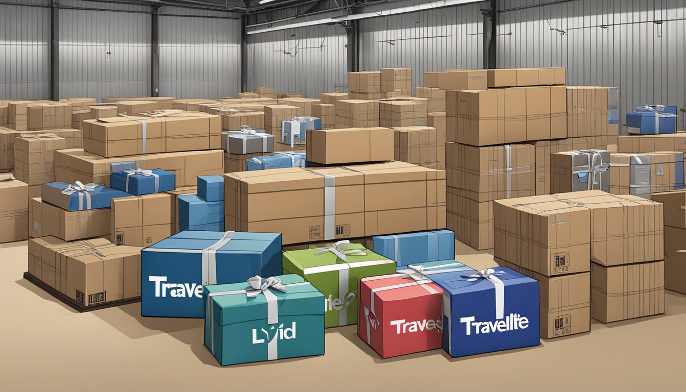 A pile of corporate gifts sits in a warehouse, ready for shipping. Boxes are labeled with the TRAVELITE HOLDINGS Ltd logo