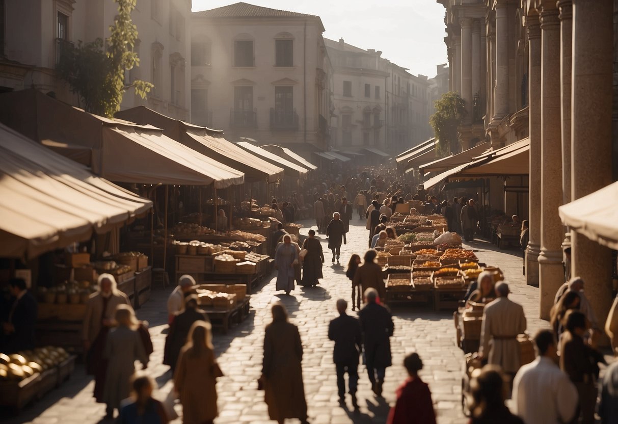 A bustling historical marketplace with merchants trading TON coins. The evolution of TON is depicted through the changing architecture and technology in the background