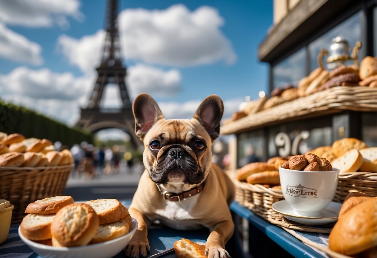 A French Bulldog sits proudly, with a playful expression, surrounded by French-themed items such as baguettes, berets, and the Eiffel Tower