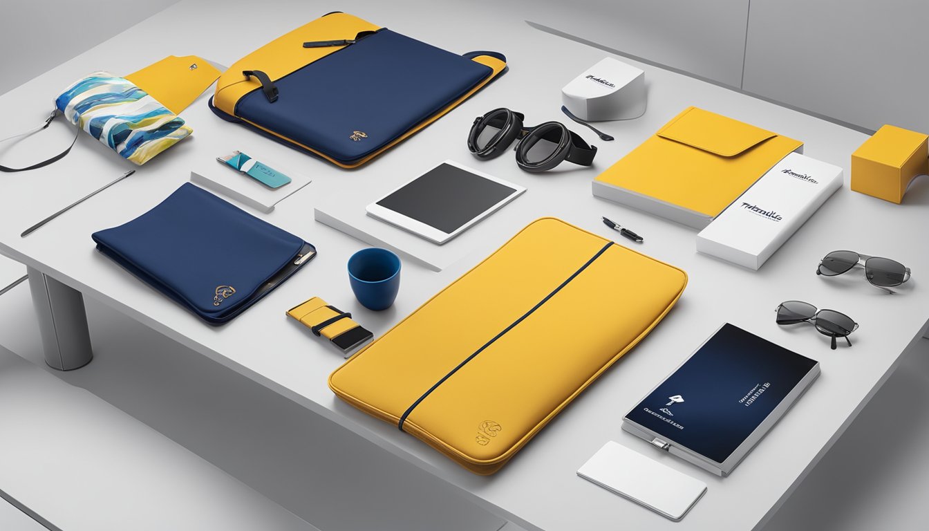 A group of corporate gifts displayed on a sleek, modern table. The logo of TRAVELITE HOLDINGS Ltd is prominently featured on each item