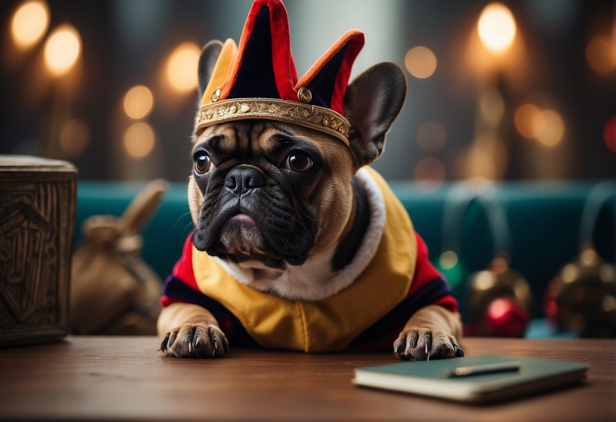 A French Bulldog sits with a pensive expression, wearing a jester's hat and holding a quill