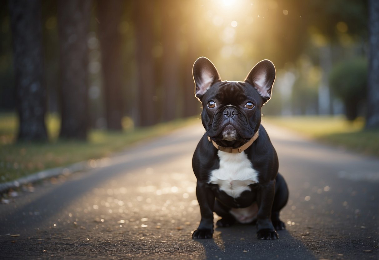 A French Bulldog stands proudly, with a big heart shining from its chest