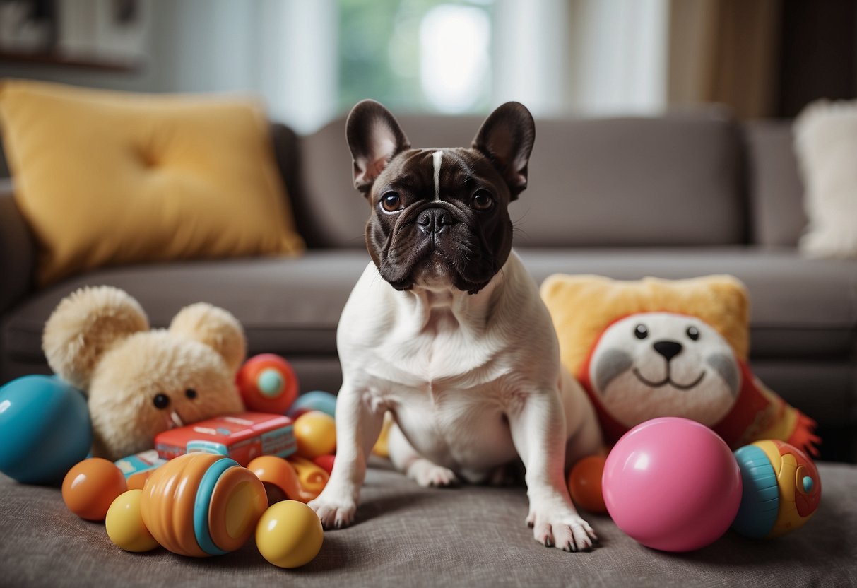 A French Bulldog sits on a cozy couch, surrounded by toys and treats, with a happy expression