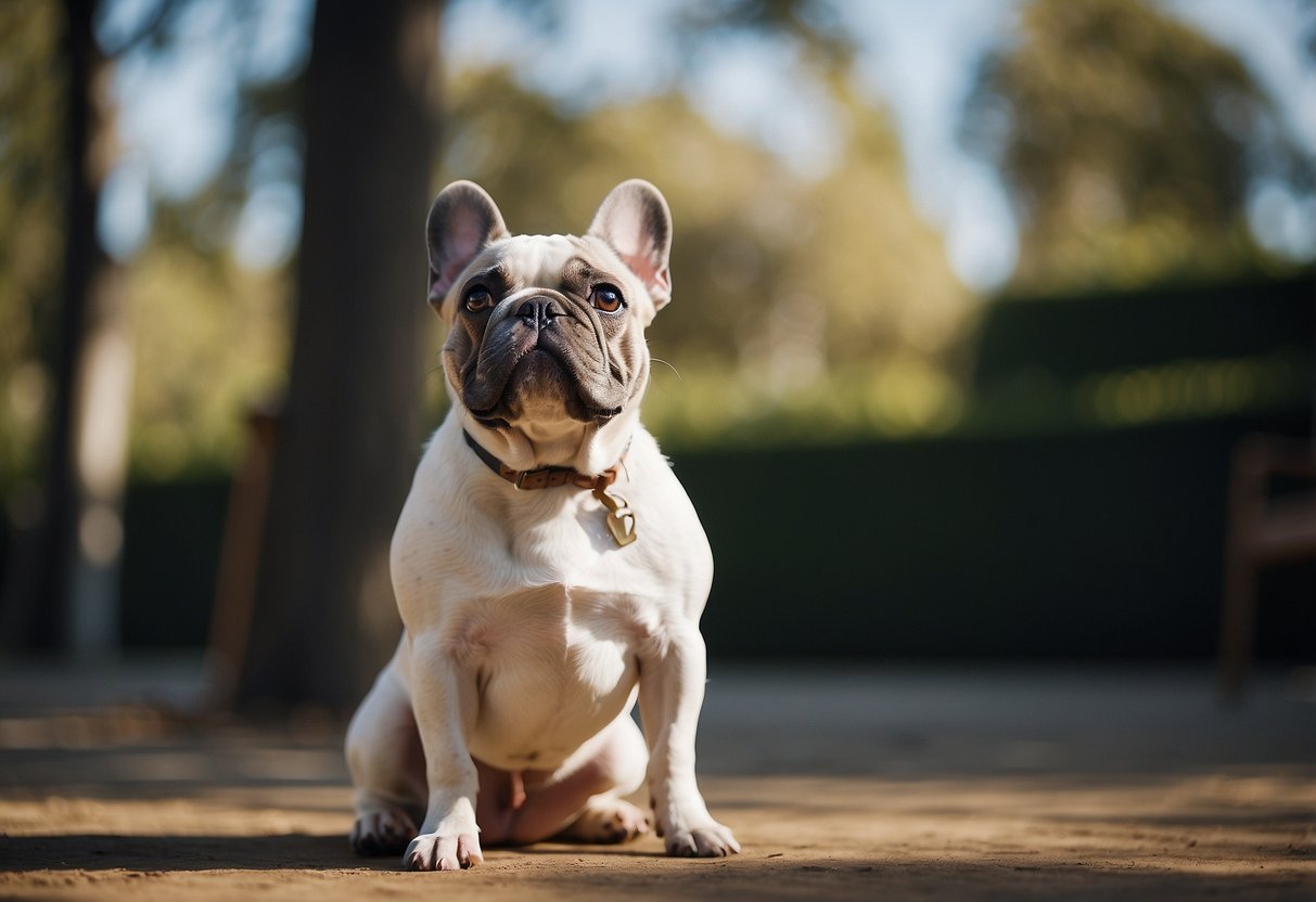 A French Bulldog sits faithfully by a person's side, looking up with adoring eyes