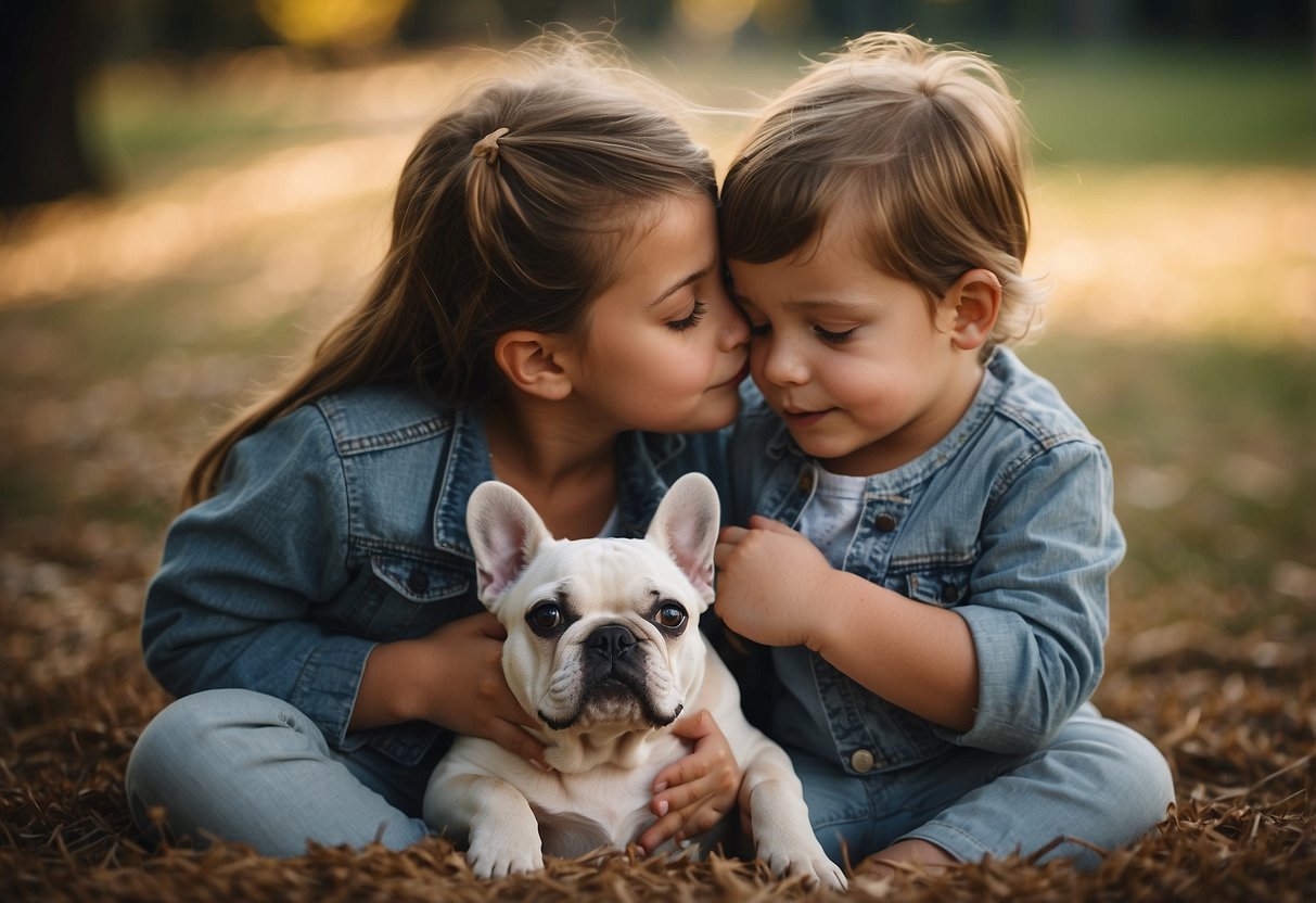 Two French Bulldogs cuddle with a child, showing love