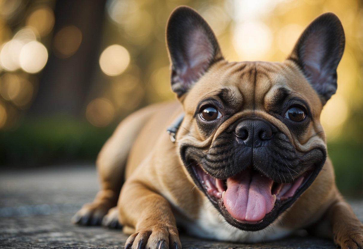 A French Bulldog grins, tongue out, eyes squinted in delight