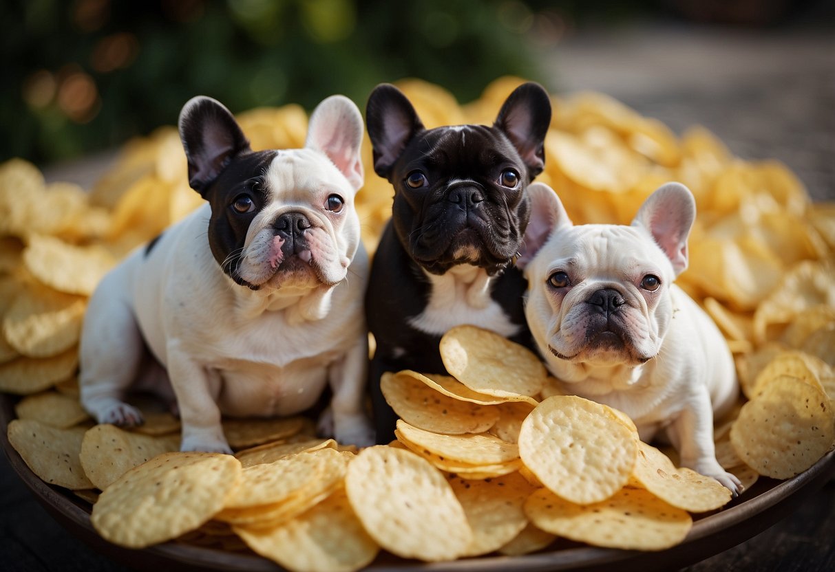 A group of French Bulldogs playfully stack on top of each other, resembling a pile of potato chips