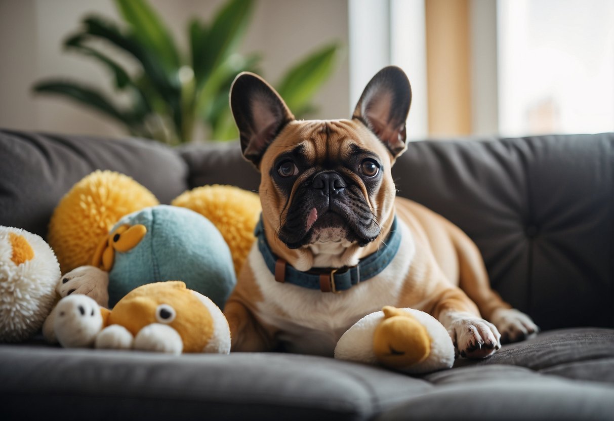 A cozy living room with a French Bulldog lounging on a plush couch, surrounded by toys and a food bowl