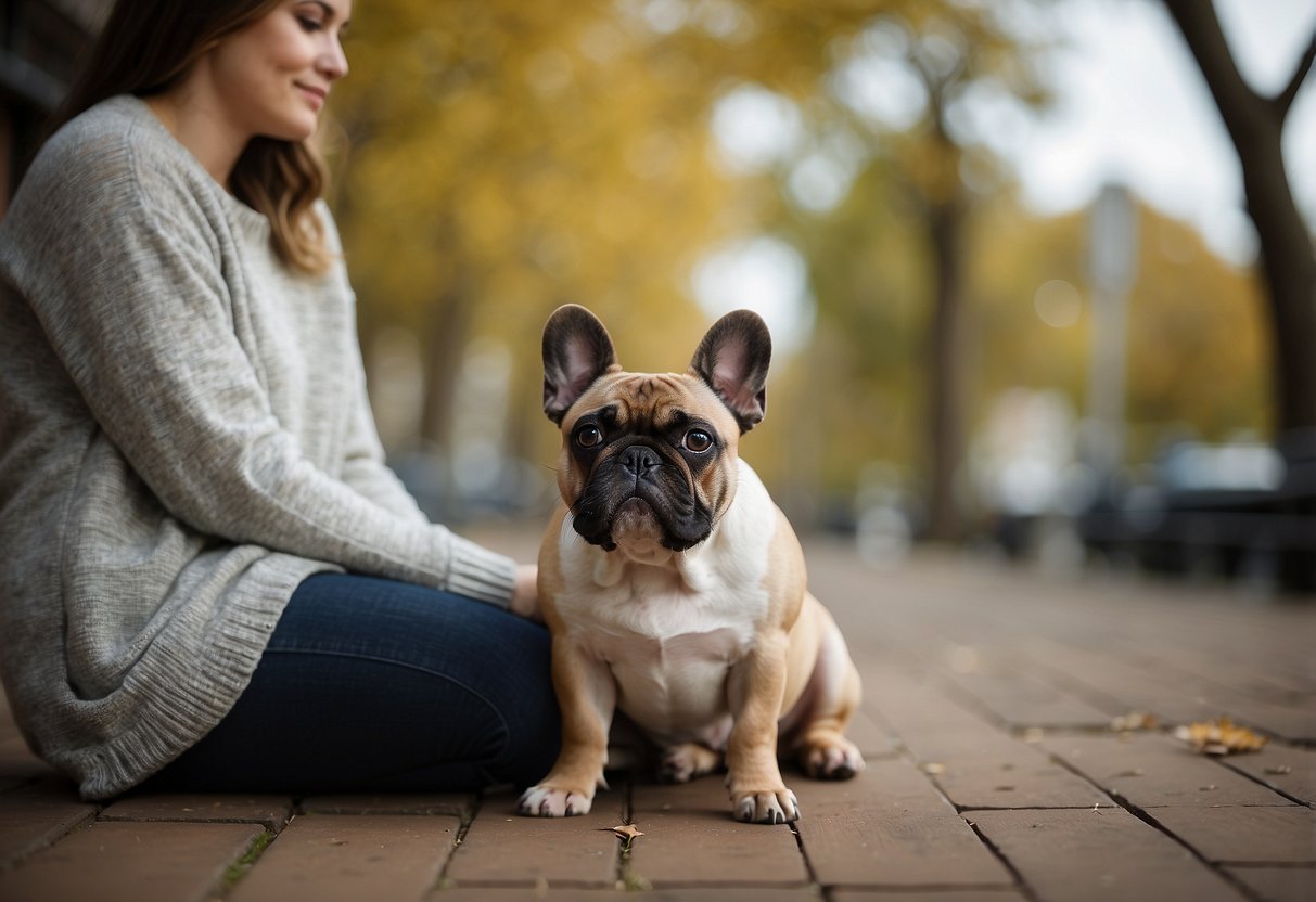 A French Bulldog sits calmly beside a person, offering comfort and companionship