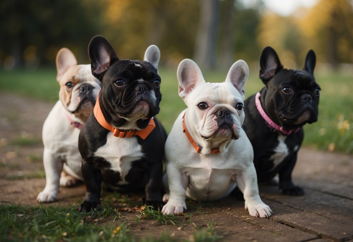 A group of French Bulldogs with unique features, sitting and playing together in a charming, imperfect way