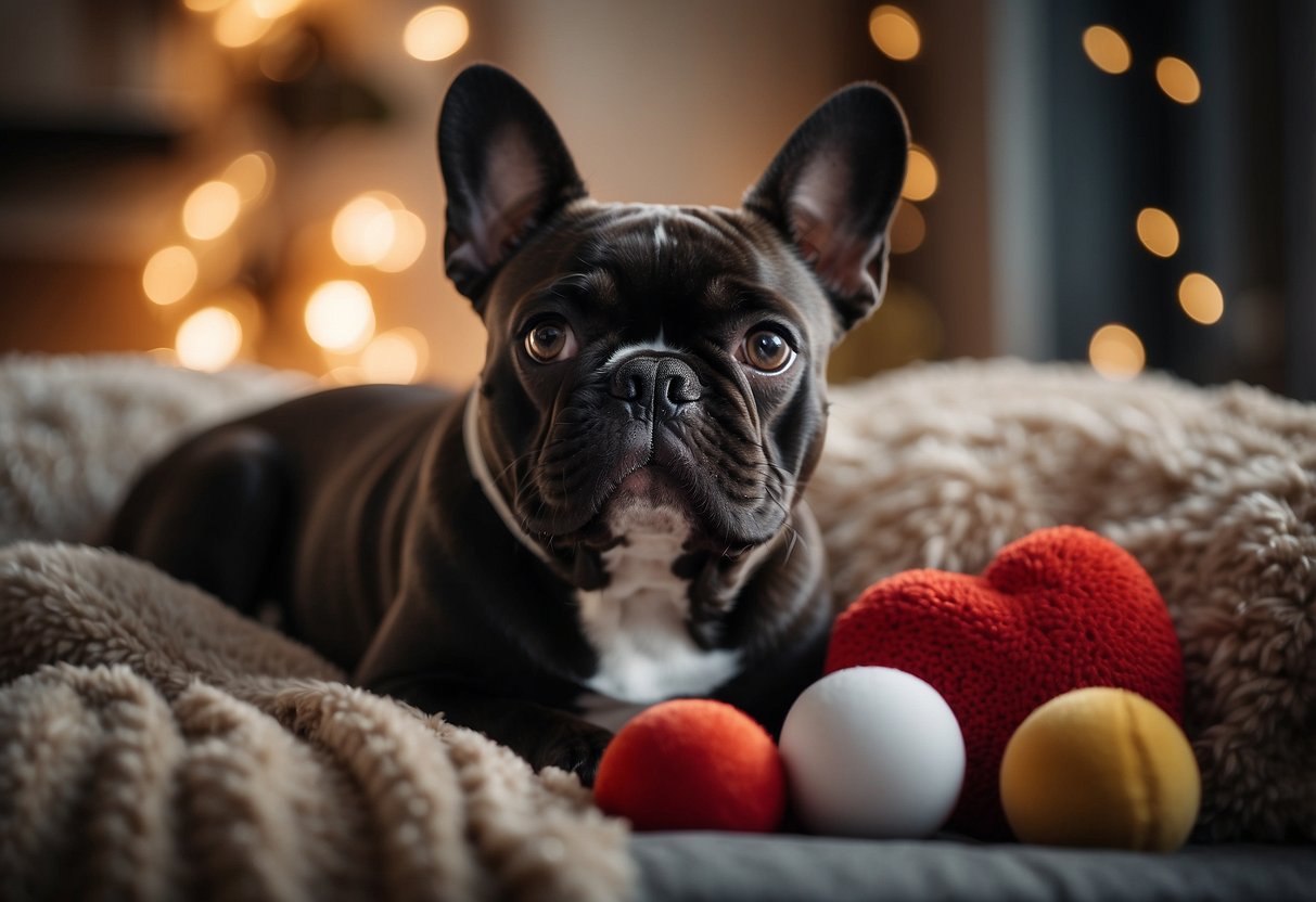 A French Bulldog gazes lovingly at a heart-shaped pillow, surrounded by scattered toys and a cozy blanket