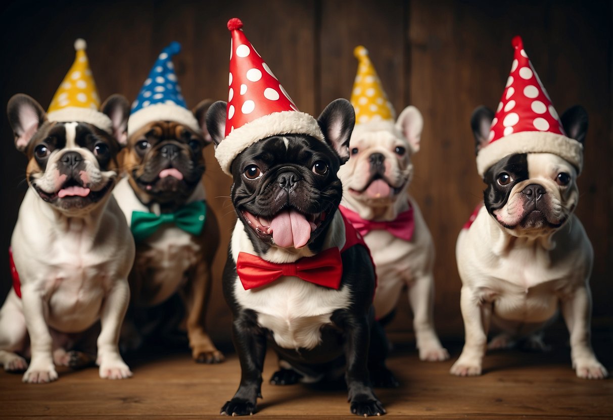 A French Bulldog wearing a jester hat, standing on its hind legs, with a big smile on its face, surrounded by laughing dogs