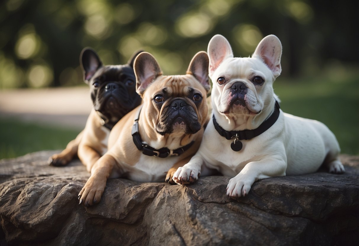 A group of French Bulldogs lounging together, their compact bodies curled up in a cuddly and cute manner