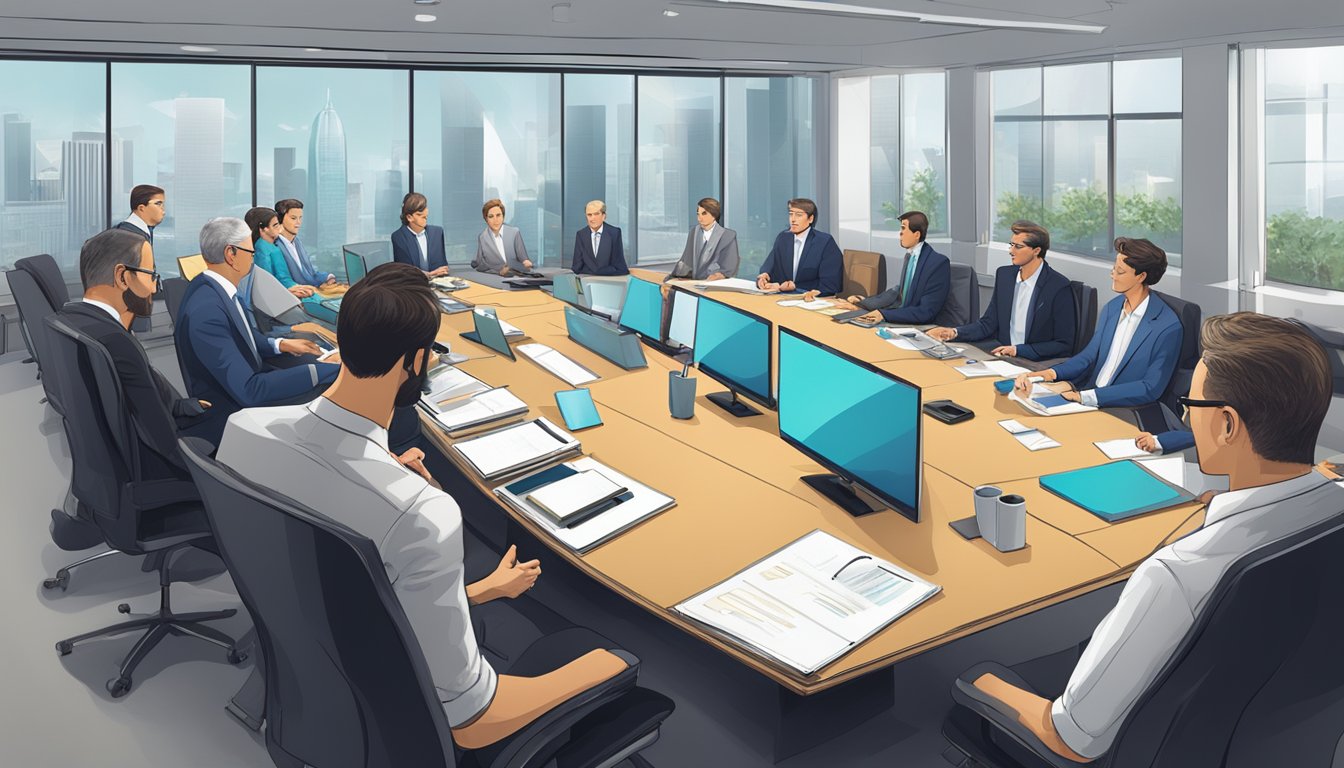 A conference room with a long table adorned with various corporate gifts, such as branded stationery, tech gadgets, and luxury accessories. The room is filled with executives discussing and reviewing the gifts