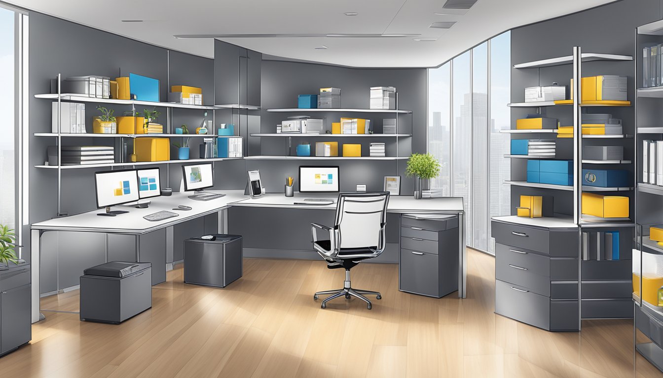 A sleek, modern office setting with branded corporate gifts displayed on shelves. The company logo prominently featured in the background