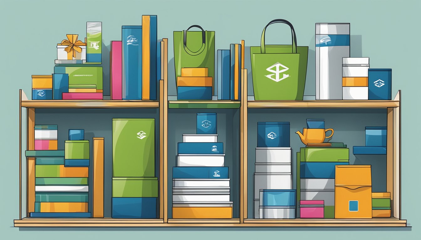 A variety of corporate gifts displayed on sleek shelves with the company logo prominently featured