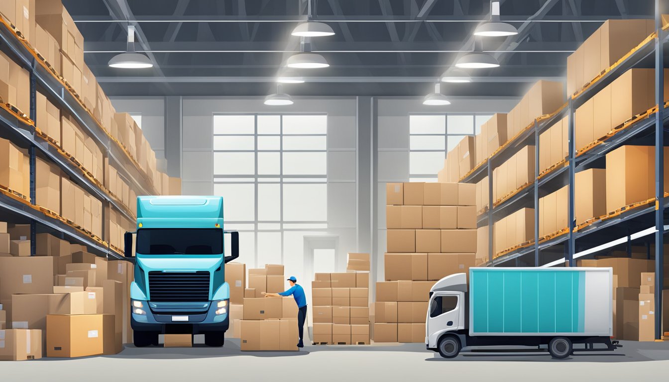 A busy warehouse with shelves of corporate gifts being packed into boxes for shipping. A delivery truck waits outside