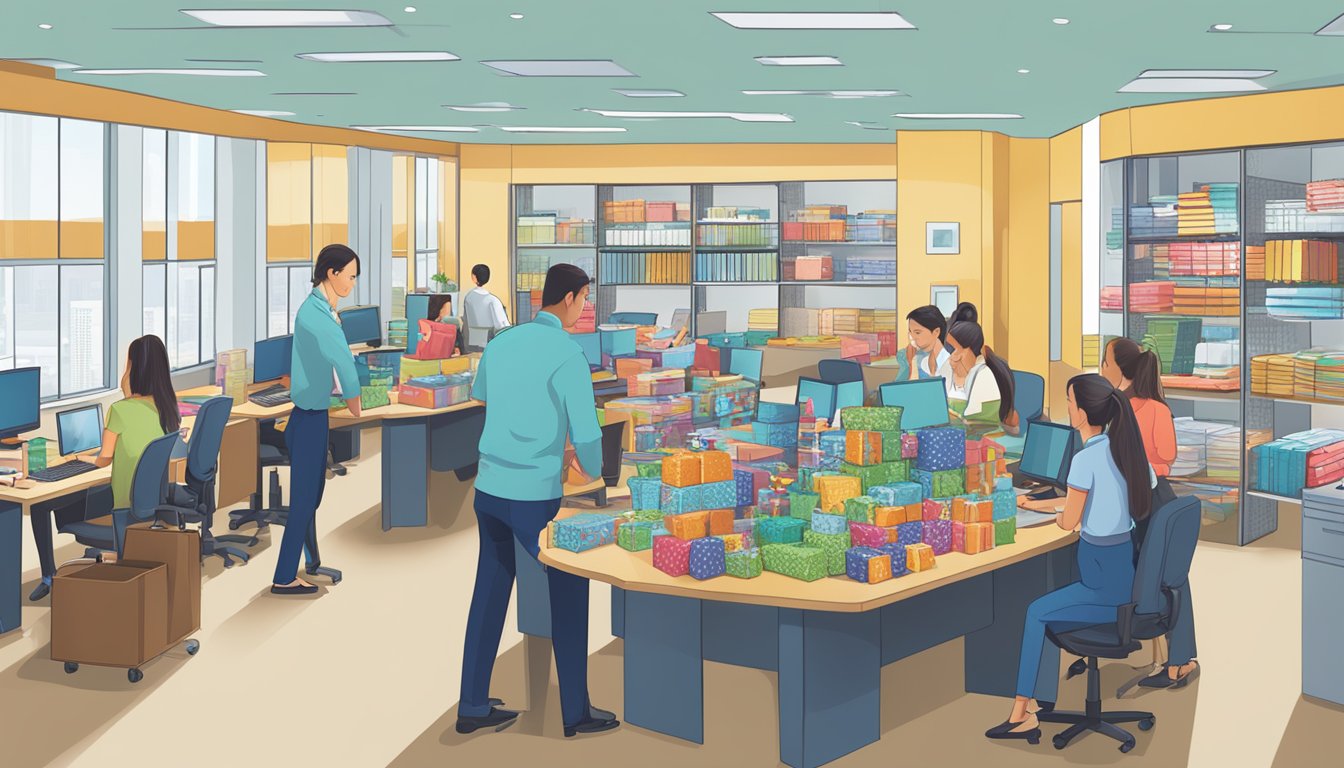 A corporate office with employees reviewing and selecting corporate gifts from Noel Gifts International Ltd. Tables filled with gift options, employees discussing and making decisions