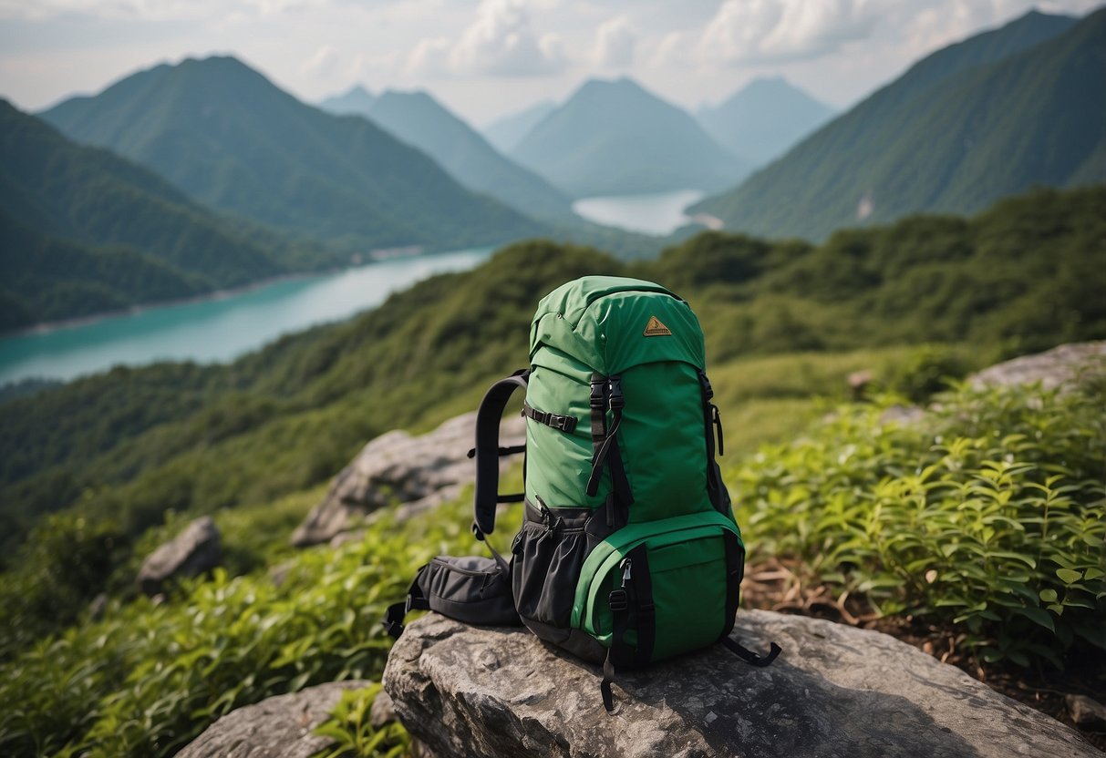 Lush greenery and colorful flora surround a camera, tripod, and backpack on a rocky trail in Asia. Mountain peaks and serene lakes are visible in the distance