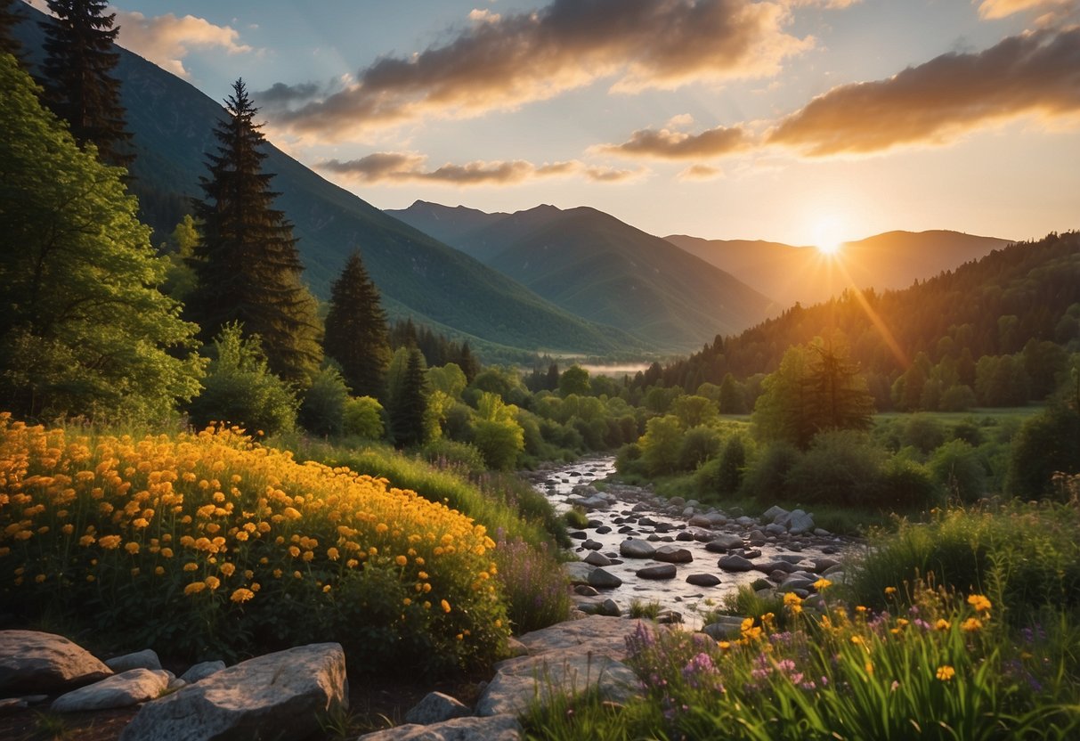 Lush green mountains surround a winding river, with a vibrant sunset casting a warm glow over the landscape. Tall trees and colorful flowers line the path, creating a picturesque nature photography route