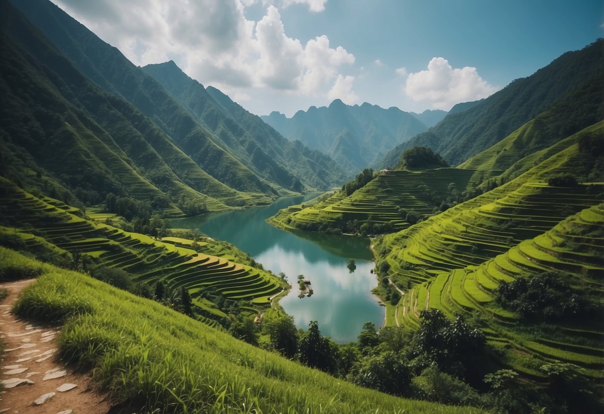 Lush green mountains and serene lakes in Asia's scenic nature routes. Vibrant colors and natural beauty