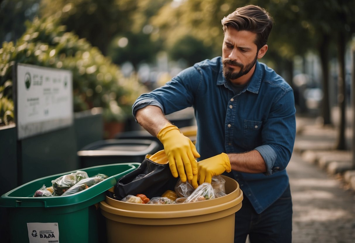 A photographer places recyclable items in a separate bin, while keeping non-recyclable waste in another. They use reusable containers for snacks and drinks, and avoid single-use plastics. A compost bin is nearby for food scraps