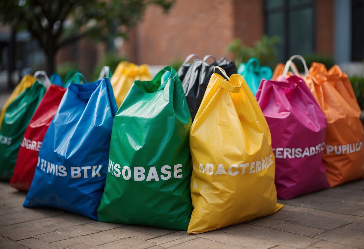 Colorful reusable bags arranged neatly with waste management tips written on them. A camera and photography equipment scattered around