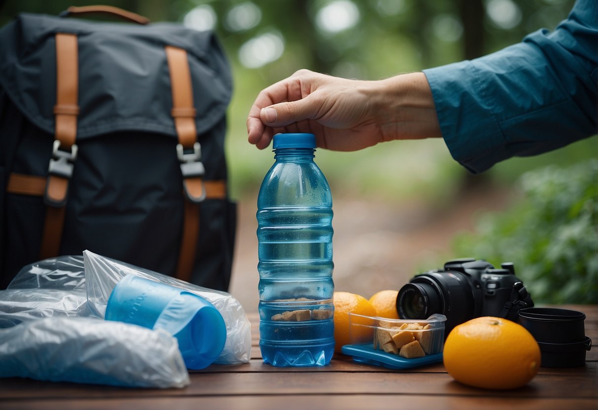 A hand reaches for a reusable water bottle next to a camera bag. Empty plastic bottles and snack wrappers are neatly organized in a separate waste bag