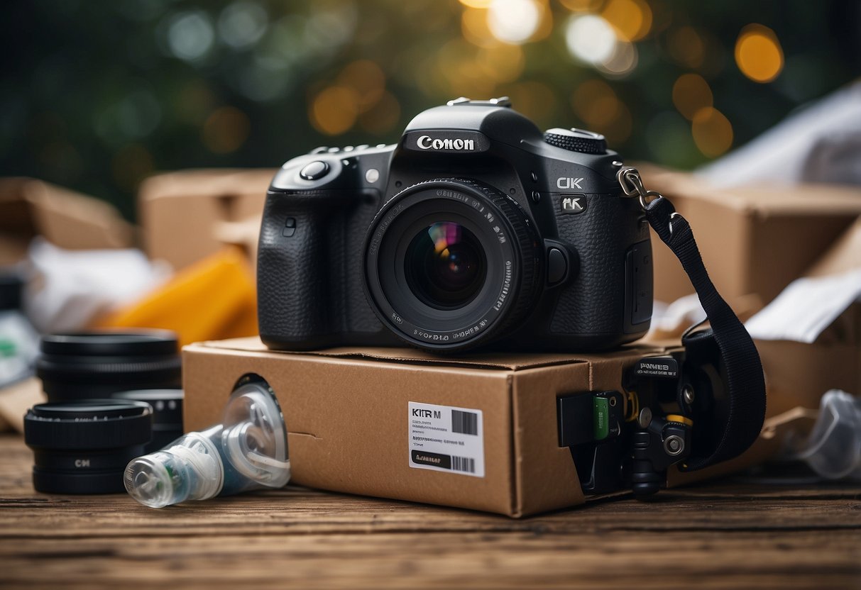 A camera box surrounded by recyclable materials, with a photographer capturing images of waste management tips