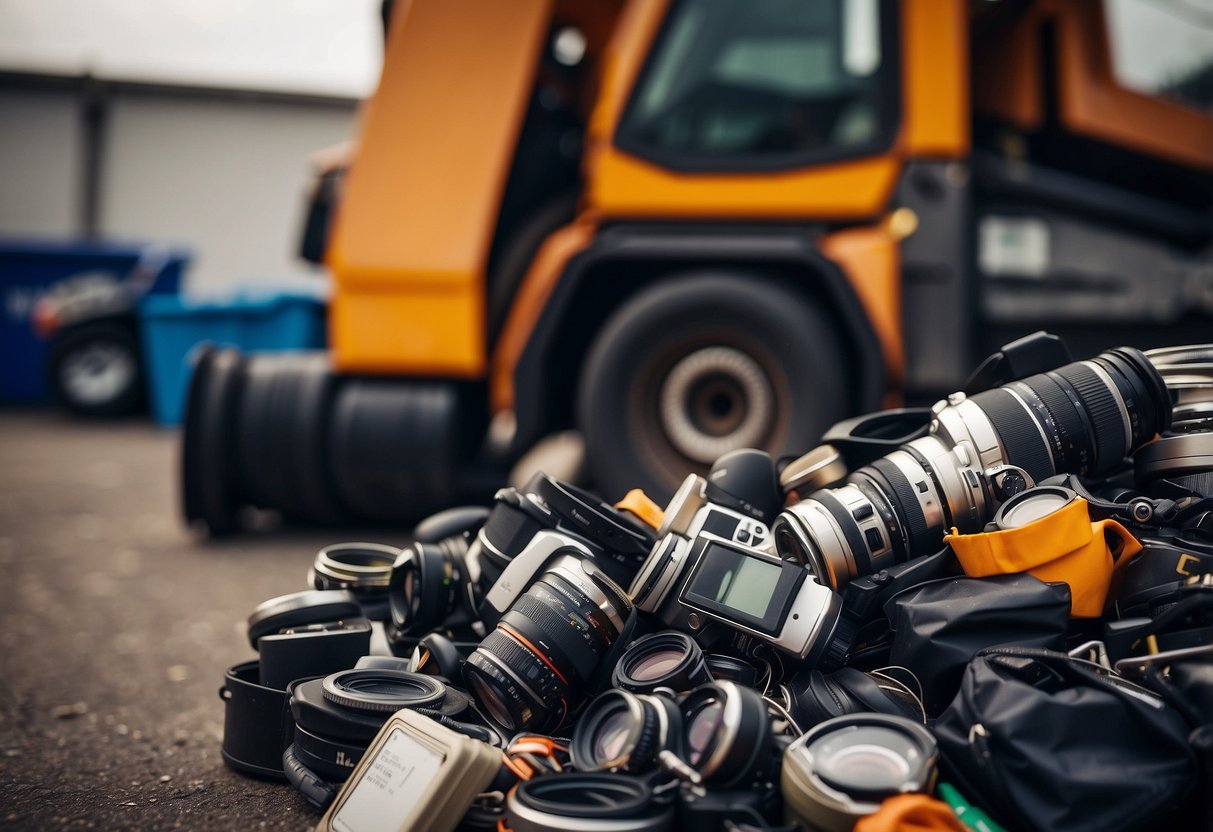 A pile of old camera equipment sits next to a recycling bin. A photographer carefully separates recyclable materials from non-recyclables, following the 7 tips for managing waste while photographing