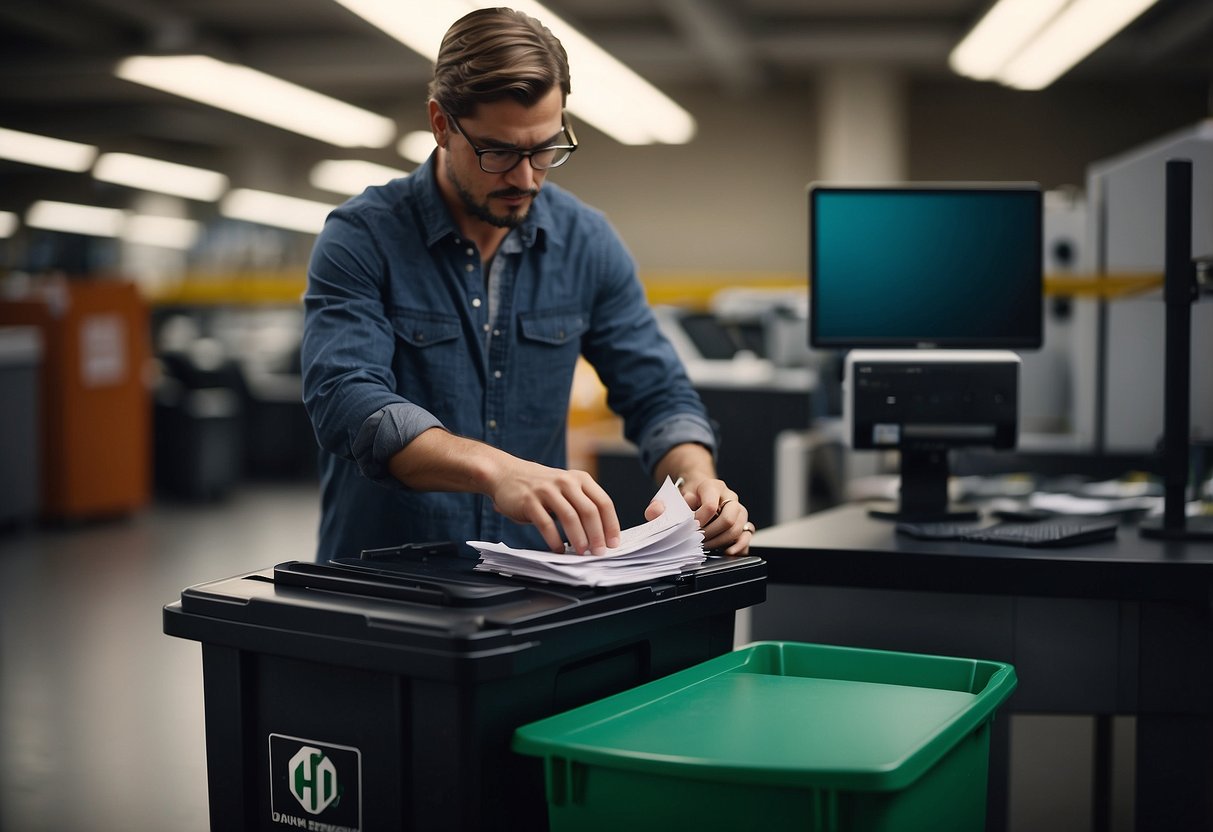 A photographer sorts digital equipment over print materials, with a recycling bin nearby. A camera, computer, and paper waste are visible