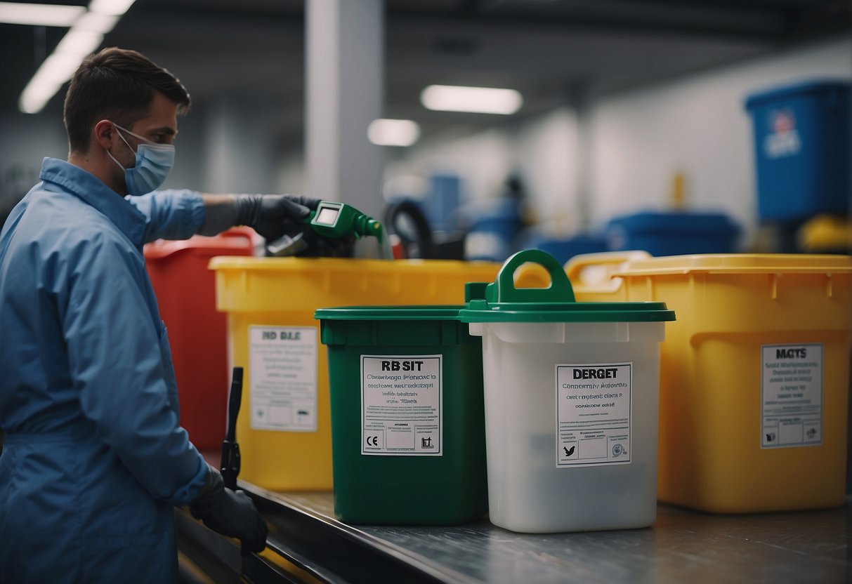 A person pouring chemicals into labeled containers, placing them in a designated waste area, and securing with lids. Other waste management tools and signage visible